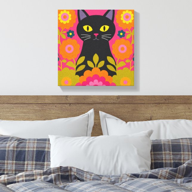 Svart Katt Folk Art Canvastryck Färgrik Skandinavi (Insitu (sovrum))