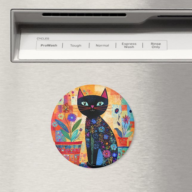 Svart Katt Folkkonst (Krukväxter) Magnet (In Situ (Dishwasher))