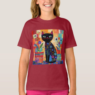 Svart Katt Folklig Konst T Shirt