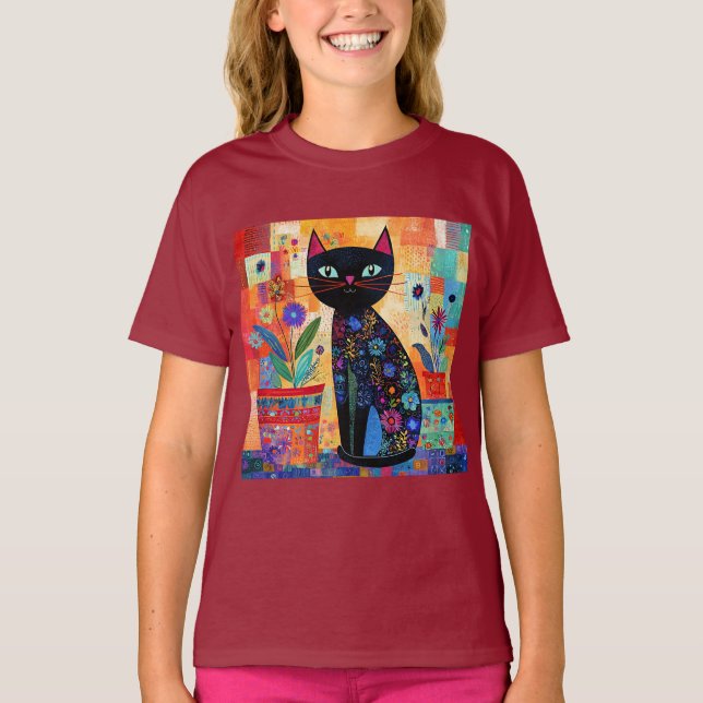 Svart Katt Folklig Konst T Shirt (Framsida)