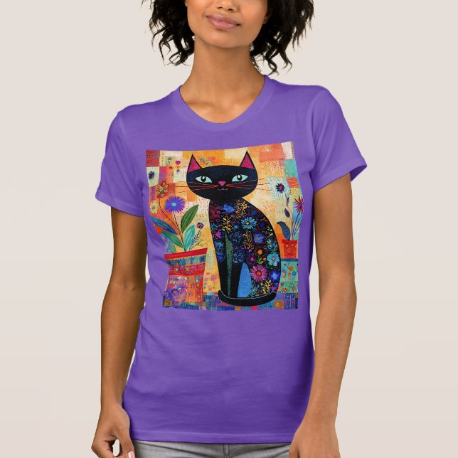 Svart katt folklig konst t shirt (Framsida)
