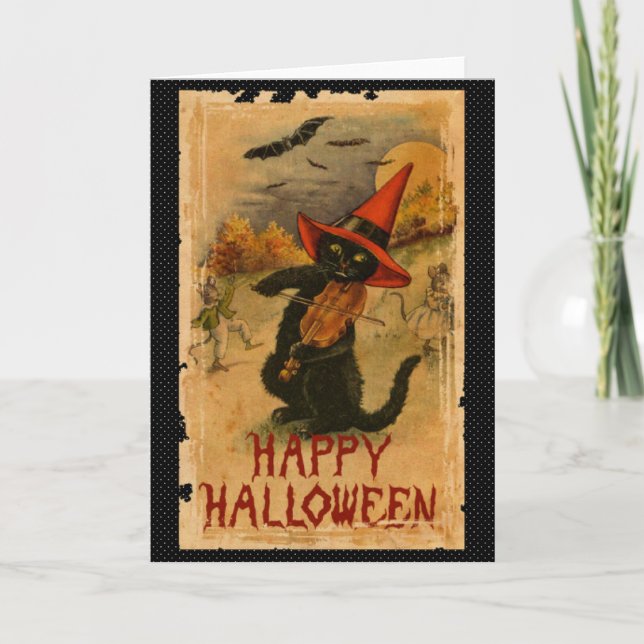 Svart katt för happy halloween som leker kort (Framsida)