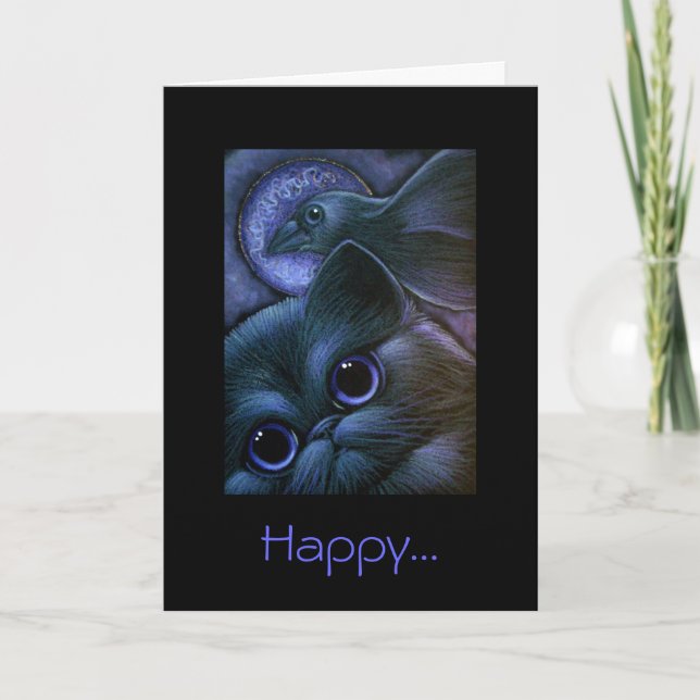 SVART KATT- & för RAVEN/CROW HALLOWEEN kort (Framsida)