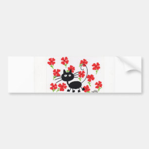 Svart katt för tecknad och röda blommor bildekal