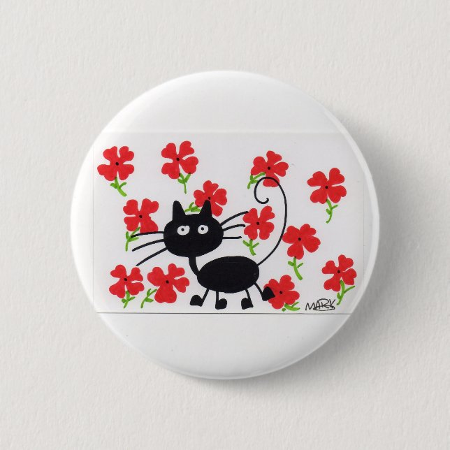 Svart katt för tecknad och röda blommor knapp (Framsida)