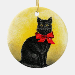 Svart katt för vintage julgransprydnad keramik