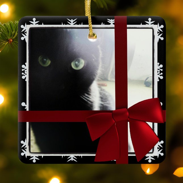 Svart katt första julen husdjur fotoram med röd sl julgransprydnad keramik (My cat is often found playing with 'her' tree ornament because I obviously put them there for her :))