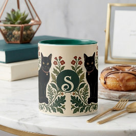 Svart Katt Foto Monogram William Morris Botanisk Två-Tonad Mugg