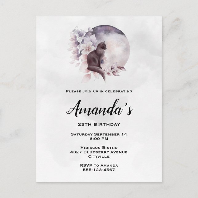 Svart katt framför en magisk full måndag inbjudan vykort (Framsida)