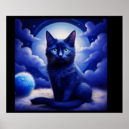Svart katt framför Måne och vita moln Poster