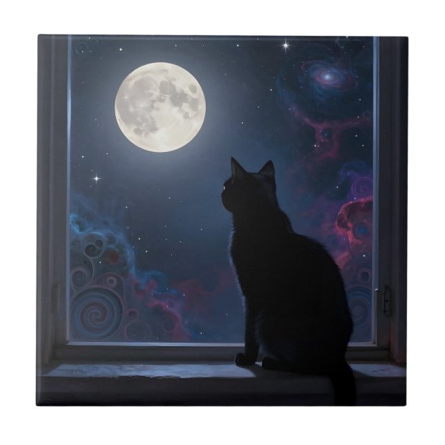 Svart katt Fullmåne Galaxy Fönster Scen Kakelplatta (Framsidan)