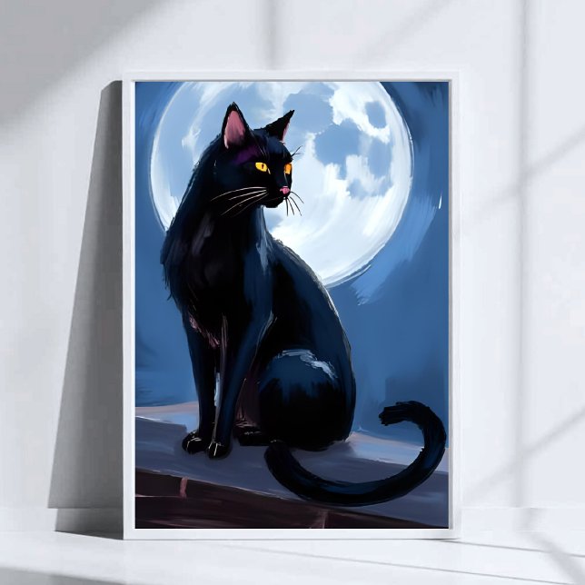 Svart Katt | Fullmåne Husdjur Målning Vattenfärg Poster (Skapare uppladdad)