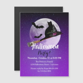 Svart katt fullmåne lila Halloween-fest Magnetisk Inbjudningskort