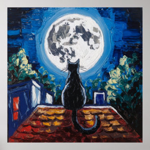 Svart katt Fullmåne Takterrass Poster