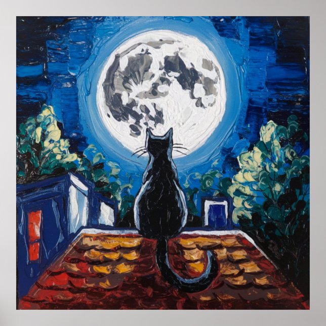 Svart katt Fullmåne Takterrass Poster (Framsidan)