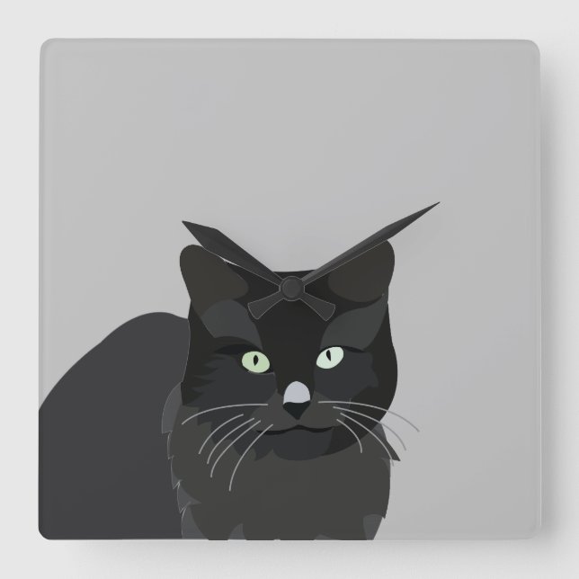 Svart Katt Fyrkantig Klocka (Framsida)