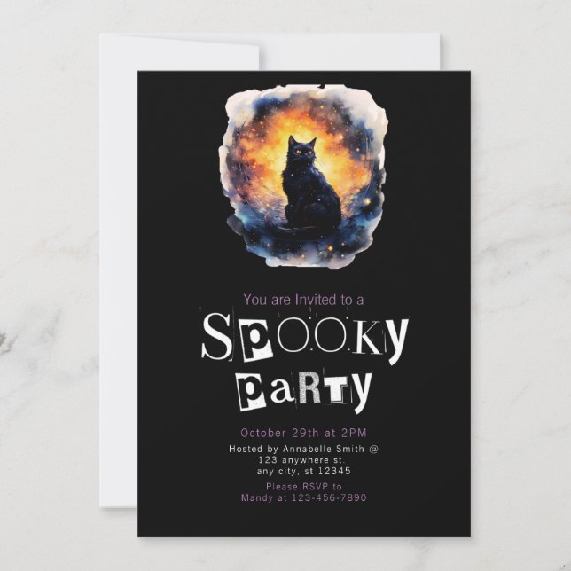 Svart Katt Galaxy Modern Minimalist Halloween Inbjudningar (Framsida)