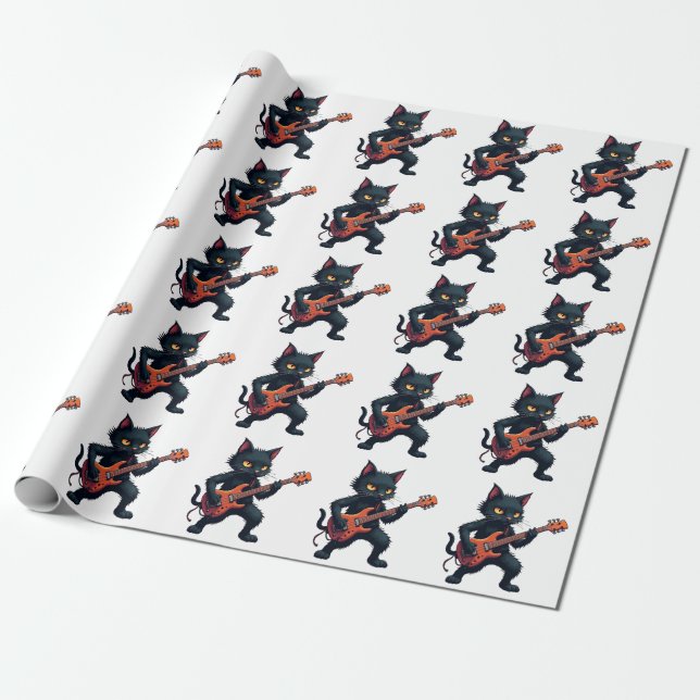 Svart katt gitarrspelare presentpapper (Utrullad)