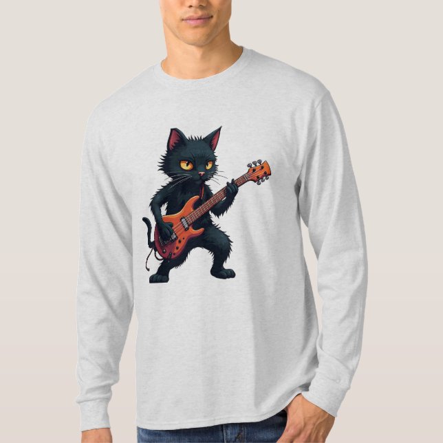 Svart katt gitarrspelare t shirt (Framsida)
