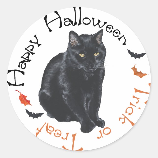 Svart Katt Glad Halloween Runt Klistermärke (Framsida)