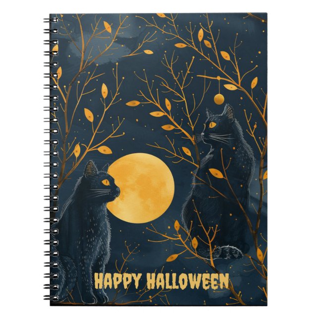 Svart Katt Glad Halloween Spiral Anteckningsbok (Framsidan)