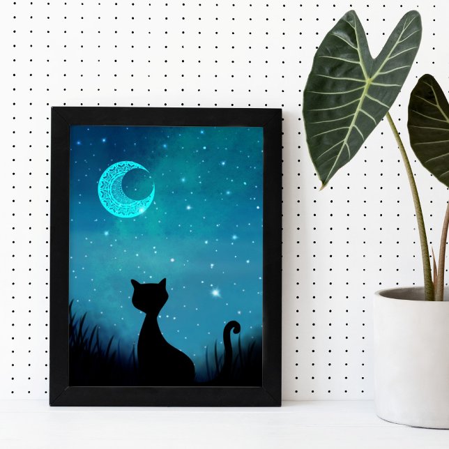 Svart katt-gnistra stjärnor himlar modern illustra poster (Skapare uppladdad)