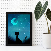 Svart katt gnistrande stjärnhimmel modern illustra