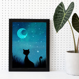 Svart katt gnistrande stjärnhimmel modern illustra poster
