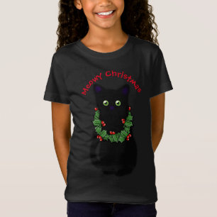 Svart katt God jul Holly garland T Shirt