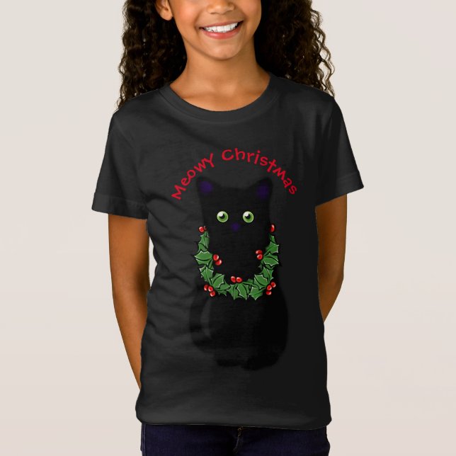 Svart katt | God jul | Holly garland T Shirt (Framsida)
