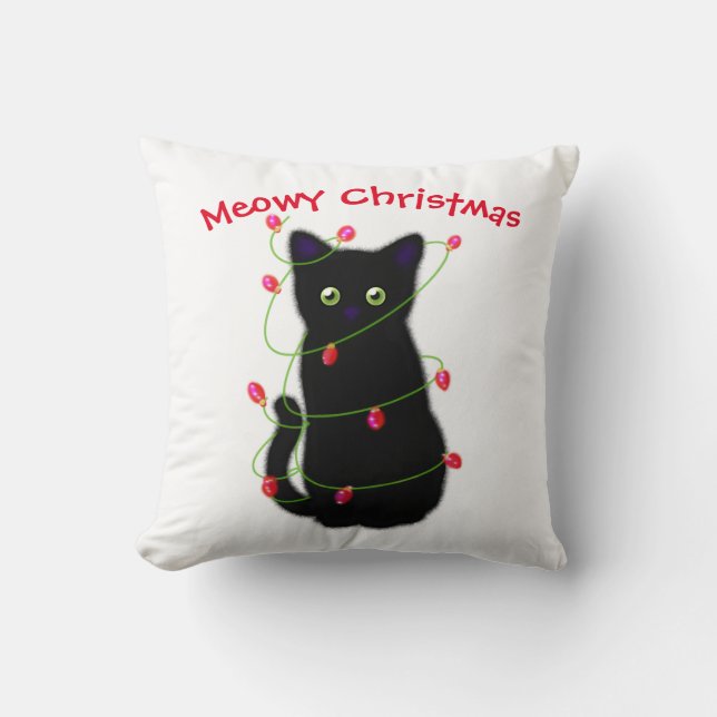 Svart katt | God jul | ljus för länkning Kudde (Framsida)