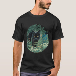 Svart katt gömd i det höga gräset t shirt