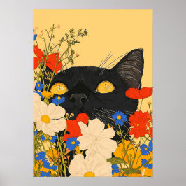 Svart katt gömmer sig bland blommor poster