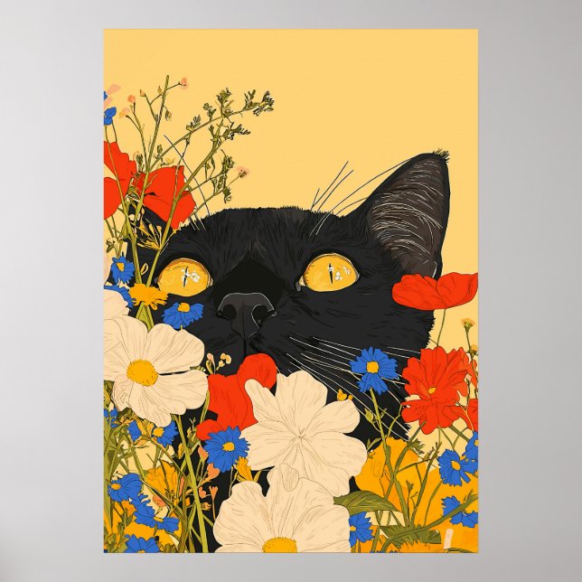 Svart katt gömmer sig bland blommor poster (Framsidan)