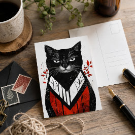 Svart Katt Gothic Art Röd Svart Modern Katt Vykort