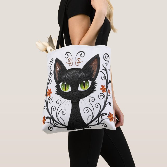 Svart katt gröna ögon Filigran Design Tygkasse (Närbild)