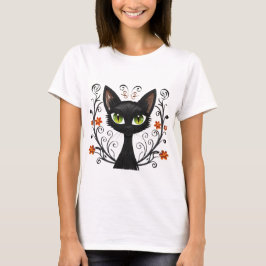 Svart Katt Gröna Ögon Filigrans Design T Shirt