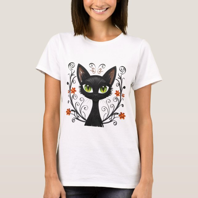 Svart Katt Gröna Ögon Filigrans Design T Shirt (Framsida)