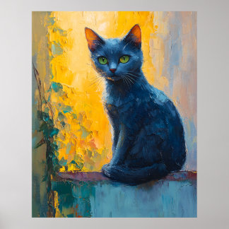 svart katt, gröna ögon, nyckfull katt, färgrik kat poster