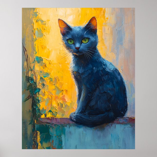 svart katt, gröna ögon, nyckfull katt, färgrik kat poster (Framsidan)