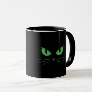 Svart katt gröna ögon spöklik mugg