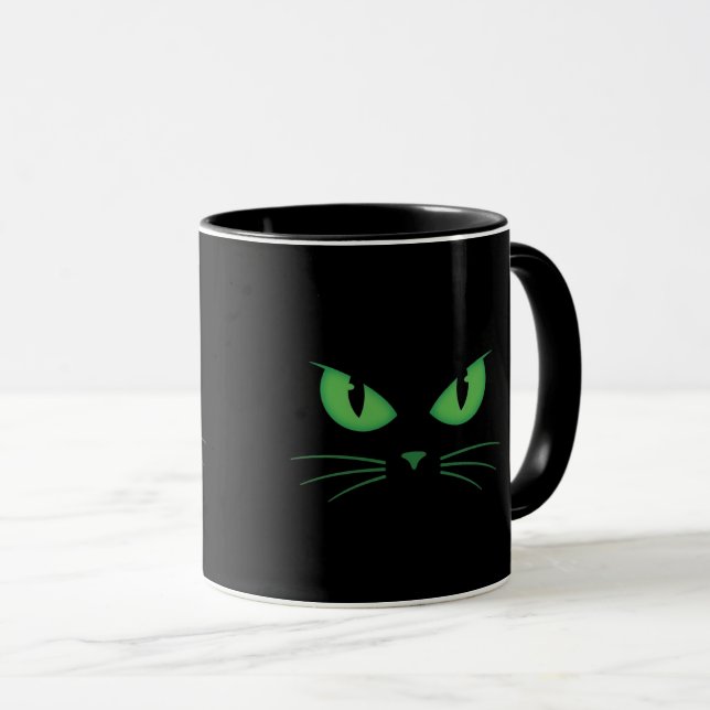 Svart katt gröna ögon spöklik mugg (Framsida höger)