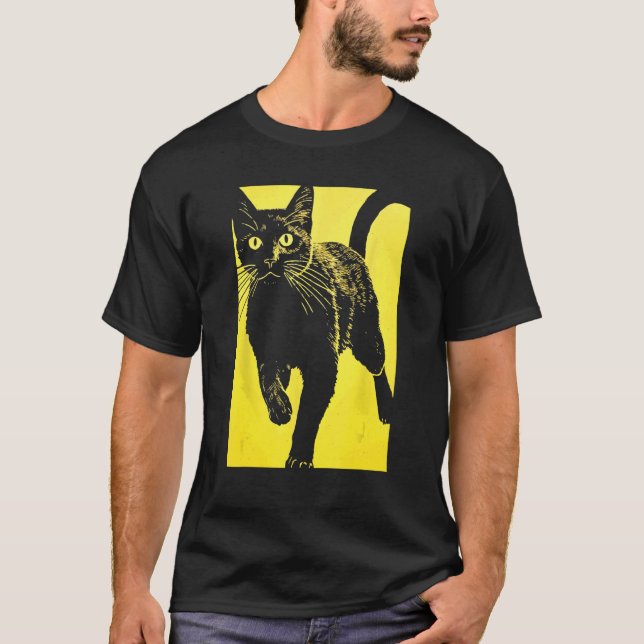 Svart Katt Gul Tryck T Shirt (Framsida)
