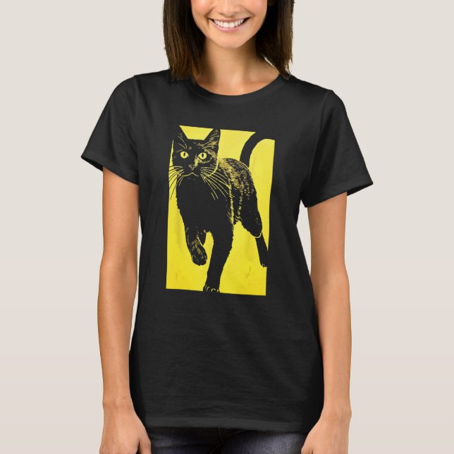 Svart Katt Gul Tryck T Shirt (Framsida)