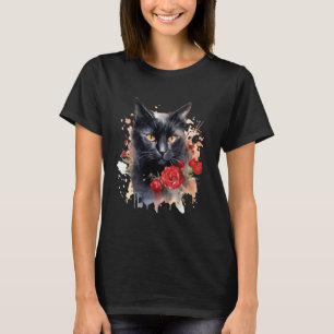 Svart Katt Gula Ögon Blommig Röda Rosor Blommor Ko T Shirt
