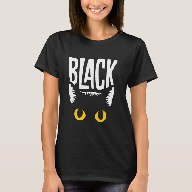 Svart Katt Gula Ögon T Shirt (Framsida)