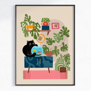 Svart Katt Guld Fisk Lekfull Katt Älskare Poster
