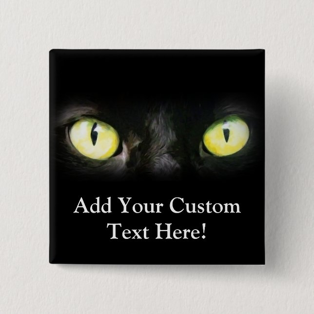 Svart katt, Gult Grönt Ögon, Sleek och Spooky Knapp (Framsida)