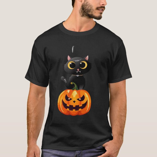 Svart katt Halloween-design � Spöklik pumpakonst f T Shirt (Framsida)