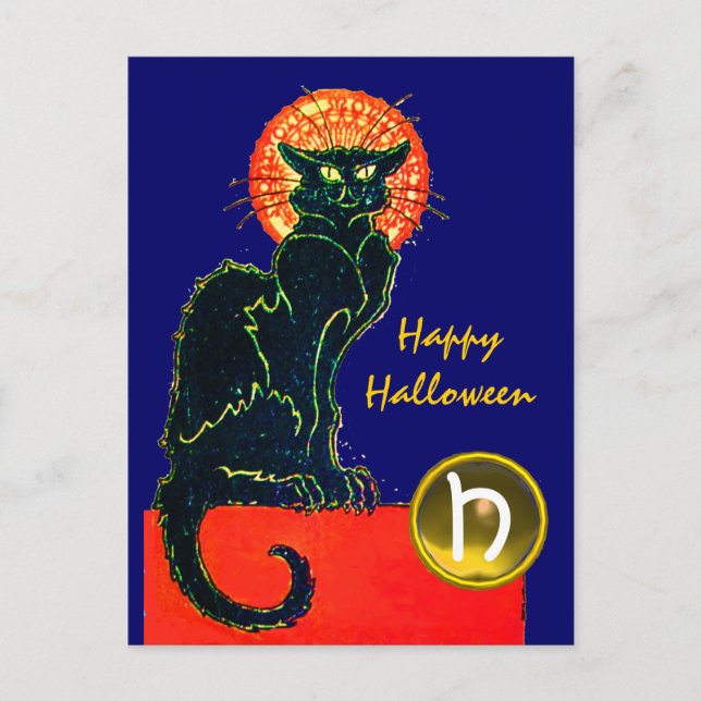 SVART KATT HALLOWEEN-FEST MONOGRAM INBJUDAN VYKORT (Framsida)